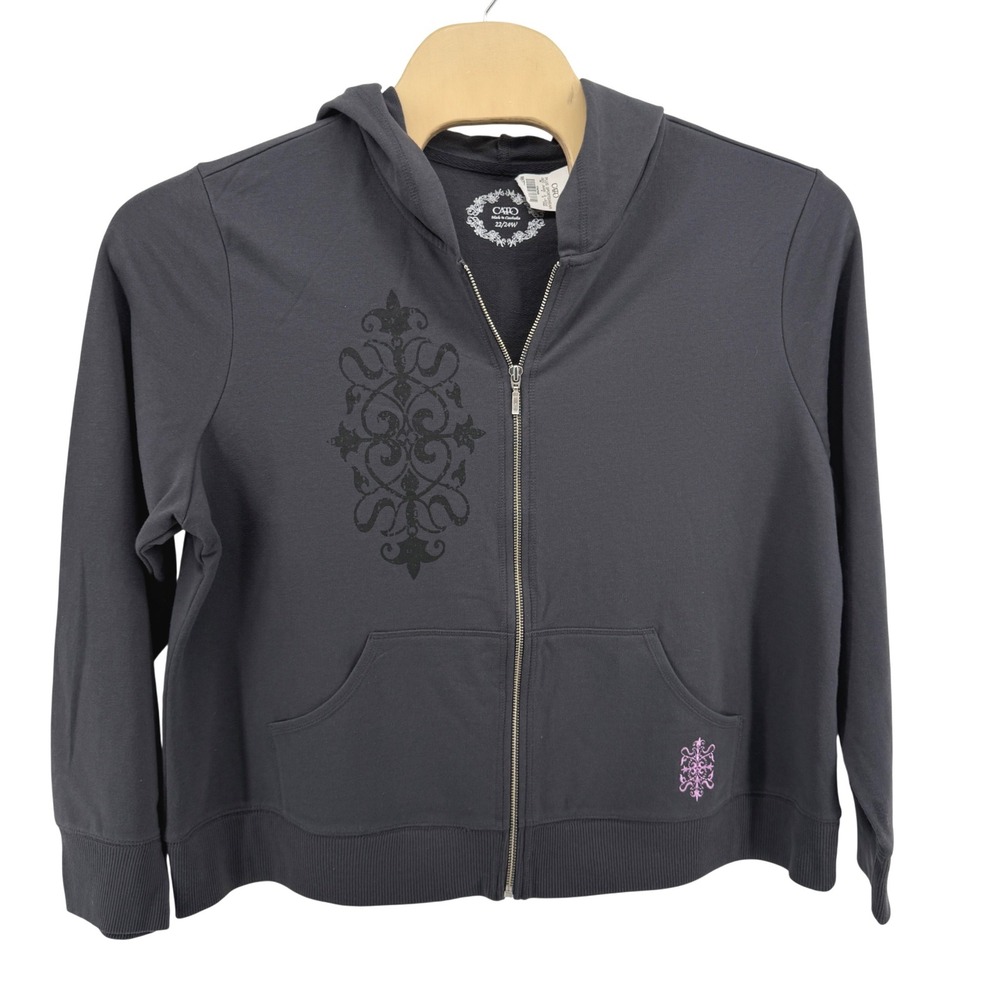 NEW Cato Sportswear Zip Up Hoodie Womens 22/24W Sweatshirt Gray Damask Graphic